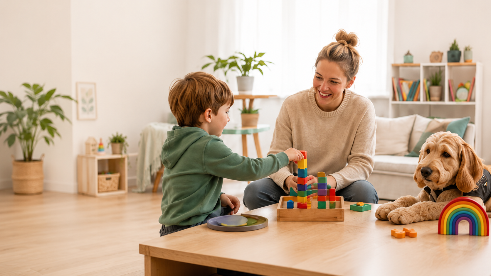 Toimintaterapeutti ja lapsi leikkivät terapiatilanteessa